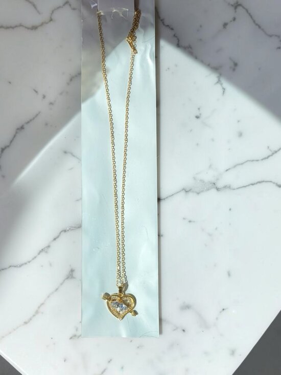 Golden River Designs Jewelry - 18K Gold Plated Zircon Radiant Bow and Arrow Heart Necklace